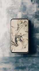 Poster - Abstract Art Device: A minimalist cell phone displaying swirling smoke-like digital artwork on a cool backdrop.