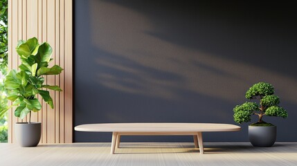Poster - A modern interior scene featuring a sleek wooden table, greenery, and a minimalist design, emphasizing natural elements and simplicity, Sustainable Living, Sustainable Living.
