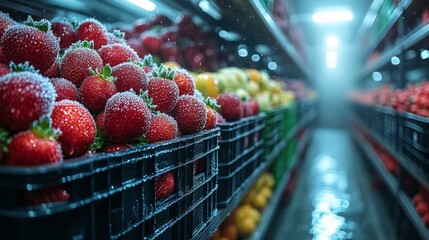 Poster - Fresh strawberries are neatly arranged in black crates within a cold storage area, ensuring optimal refrigeration for preservation and quality control in a logistics setting.
