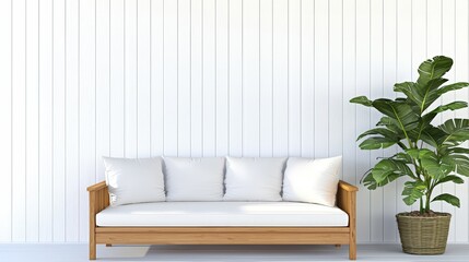 Poster - A modern, minimalist living space featuring a wooden sofa with white cushions beside a potted plant against a sleek white wall, Sustainable Living.