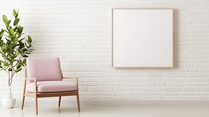 Poster - A minimalist room featuring a pink chair, a leafy plant, and a blank canvas on a textured white brick wall, Sustainable Living.