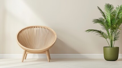 Poster - A modern, minimalist wooden chair sits beside a potted plant against a neutral wall, creating a serene and stylish interior space, Sustainable Living.