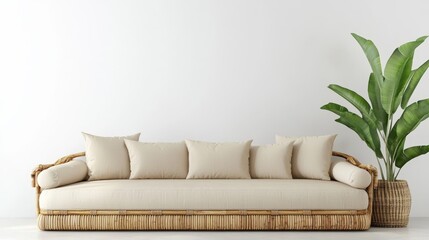 Poster - A stylish, minimalist sofa with neutral cushions, accompanied by a lush green plant, set against a clean white wall, Sustainable Living.