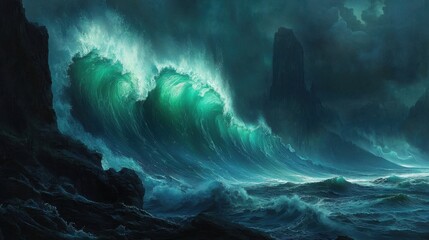 Poster - Graceful, luminous green and blue waves curving and bending over a dark, misty background, creating a mesmerizing visual effect.