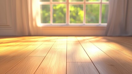 Poster - A serene indoor scene showcasing polished wooden flooring illuminated by soft sunlight streaming through a window with flowing curtains, Sustainable Living.