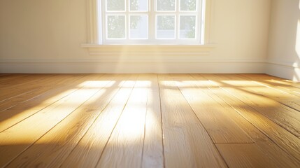 Poster - A sunlit room with wooden flooring, showcasing natural light streaming through a window, creating a warm and inviting atmosphere, Sustainable Living.