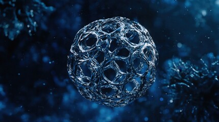 Poster - High-resolution close-up of a metallic molecular structure floating in a deep blue background.