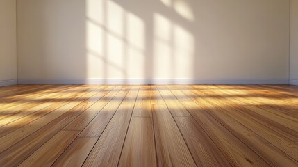 Poster - A sunlit wooden floor with shadows creating patterns on a neutral wall, showcasing warmth and tranquility in a spacious room, Sustainable Living.
