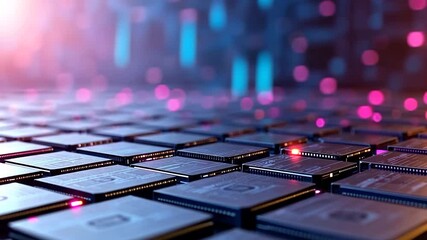 Close-up view of computer chips on a circuit board with colorful lights in the background