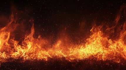 Wall Mural - horizontal burning fire with intense flames and embers, isolated on a dark background.