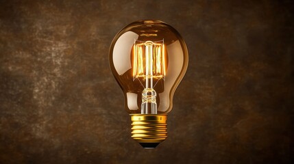 Poster - Glowing Amber-Toned Edison-Style LED Light Bulb with Visible Filament Against a Dark Brown Textured Background for Warm, Vintage Illumination Aesthetic