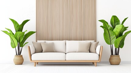 Poster - A modern living room featuring a minimalist white sofa, accent cushions, and stylish potted plants flanking both sides against a textured wall, Sustainable Living.