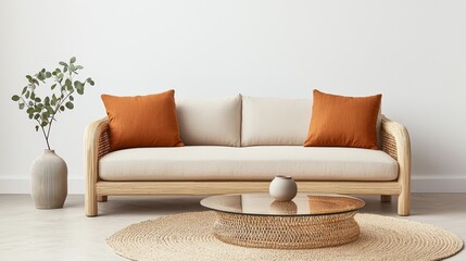 Poster - A stylish, modern living room featuring a light-colored sofa with orange cushions, a round coffee table, and a decorative plant, Sustainable Living.