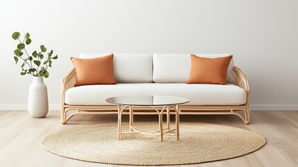 Poster - A stylish, modern living room scene featuring a light-colored sofa, decorative cushions, a glass coffee table, and a potted plant, set on a circular rug, Sustainable Living.