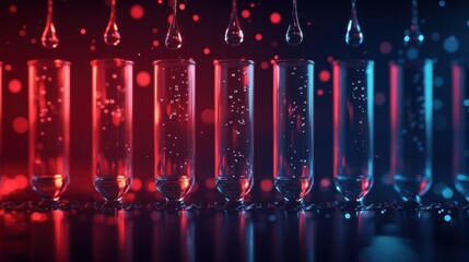 Poster - Row of illuminated test tubes filled with clear liquid and bubbles, droplets falling onto dark reflective surface, glowing in red and blue light