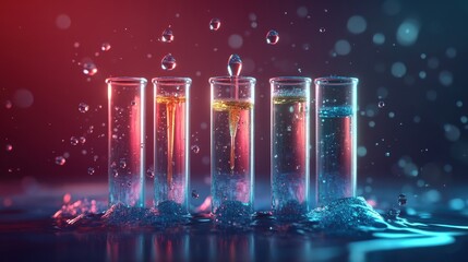 Aufkleber - Five Vibrant Glass Test Tubes with Colorful Liquids Partially Submerged in Water Surrounded by Splashing Droplets Against a Dark Background