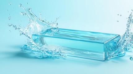 Poster - Minimalist mockup scene with a clear glass platform over crystal-blue water, splashes forming around it dynamically.