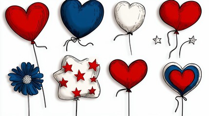 Wall Mural - festive red white blue heart balloons and stars illustration