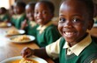 © Maryna - African children enjoy lunch break together in school. Smiling pupils eat food, wear uniform. Diverse group shows friendship, youthful spirit. Education, study, learning, sharing meal. Happy