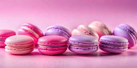 Poster - A delightful assortment of pastel-colored macarons, showcasing delicate layers and vibrant hues, arranged on a soft pink background