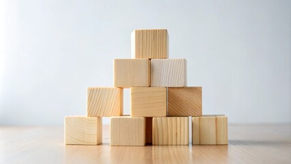 Poster - Wooden blocks arranged in a pyramid shape on a light wood surface