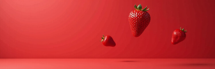 Aufkleber - Strawberries Float Above A Red Background In A Minimalist Scene With Photographic Realism And A Diagonal Composition Element Design.