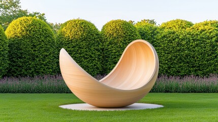 Poster - A modern wooden sculpture resembling a large, flowing shape, set against a lush green hedge backdrop in an outdoor garden, Sustainable Living.