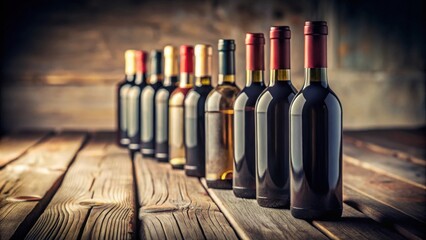 Poster - A row of wine bottles on a rustic wooden surface
