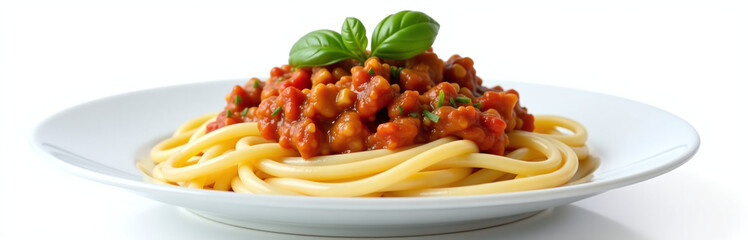 Poster - Pasta Topped With Rich Mince Sauce And Fresh Basil, Presented Elegantly On A Clean White Plate Against An Isolated Background.