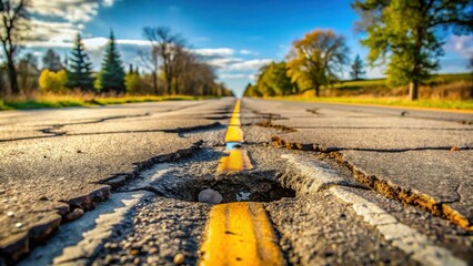 Poster - A severely deteriorated asphalt road surface with deep potholes and cracks, showcasing the need for urgent repairs; a perspective shot highlighting the extent of damage to the roadway.