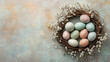 © SashaMagic - Pastel Easter eggs arranged in a nest with blossoms.