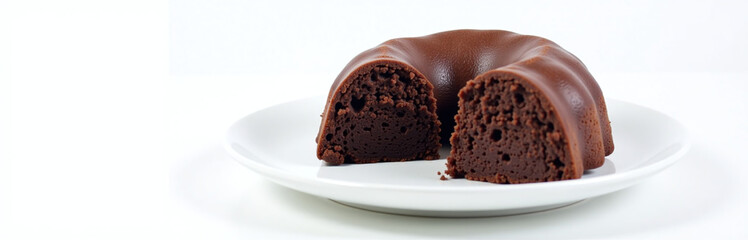 Poster - Moist Krokan Chocolate Cake Sits On A Clean White Plate In A Studio Setting Against An Isolated Background.