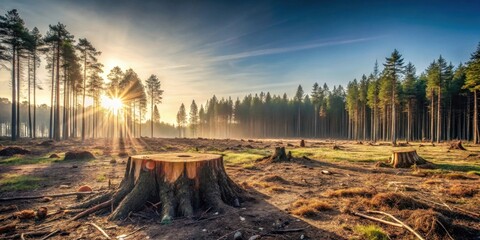 Poster - Sunrise illuminates a recently clear-cut forest, showcasing the remaining tree stumps and the impact of deforestation