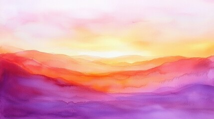 Poster - Vibrant abstract watercolor background with a sunset sky blending orange, purple, and pink hues in high resolution.