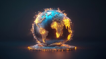 Aufkleber - A stylized metallic globe with glowing continents on a textured base with sparks and energy emanating from its surface against a dark background