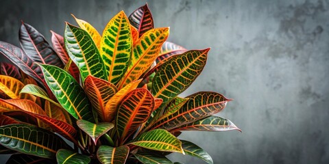 Poster - Vibrant Tropical Foliage with Striking Color Variations and Intricate Leaf Veining Against a Neutral Background
