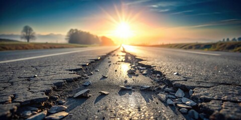 Poster - A damaged road surface at sunrise, with the sun's rays illuminating the cracks and debris