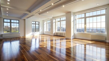Poster - Bright and airy empty room with hardwood floors and large windows offering abundant natural light