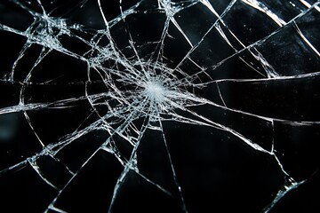 Poster - Shattered glass with cracks spreading from the center on a black background.