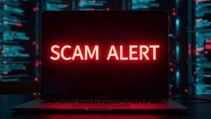 Aufkleber - A laptop displays a bold red 'SCAM ALERT' message on its screen, set against a high-tech digital background.