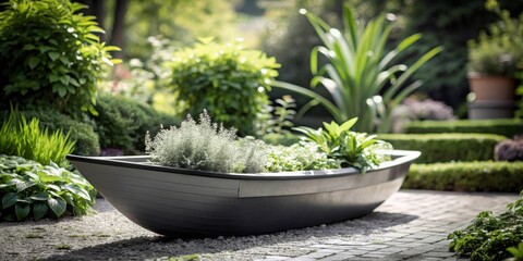 Aufkleber - Serene garden scene featuring a boat-shaped planter filled with lush greenery, nestled amongst vibrant foliage and meticulously manicured hedges