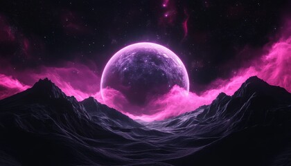 Wall Mural - A stunning cosmic scene featuring a large purple planet surrounded by swirling pink clouds over dark mountainous terrain.