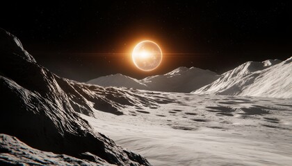Wall Mural - A breathtaking lunar landscape showcasing rugged terrain under a glowing sun, with stars twinkling in the dark sky.