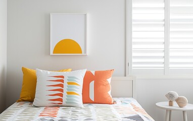 Poster - Bright bedroom interior with yellow and orange pillows and bedding, featuring a minimalist geometric artwork on the wall.  Natural light streams in from a window with white shutters