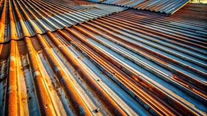 Poster - Rustic corrugated metal roofing texture with warm sunlight highlighting the aged, rusty, and weathered surface