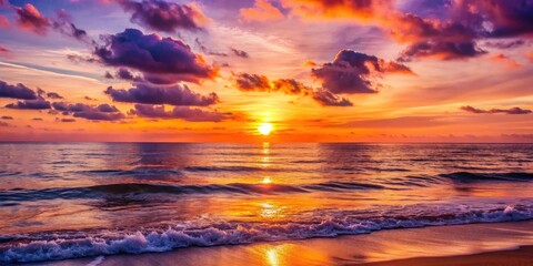 Poster - Vibrant Sunset over Ocean Waves on Sandy Beach