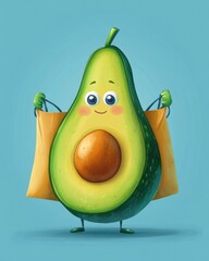 Poster - Humorous cartoon avocado with exaggerated proportions joyfully carries a large grocery bag against a playful pastel background Generative AI