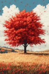 Poster - Red Tree in Field. The tree's vibrant red leaves contrast beautifully with the warm hues of the field and the soft blue sky above.