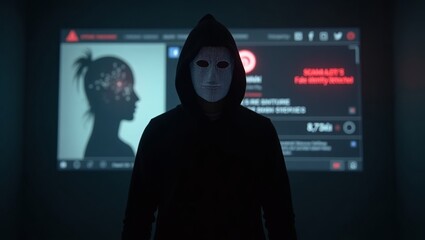 Poster - A mysterious figure in a dark hoodie stands against a digital backdrop, embodying themes of technology and anonymity.