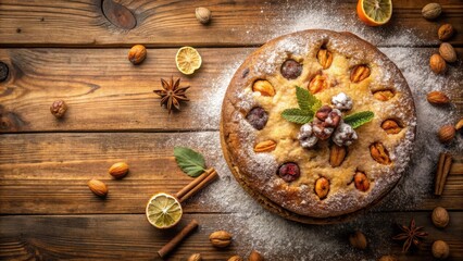 Poster - Aromatic fruit and nut cake dusted with powdered sugar, surrounded by cinnamon sticks, dried citrus, and assorted nuts on a rustic wooden surface